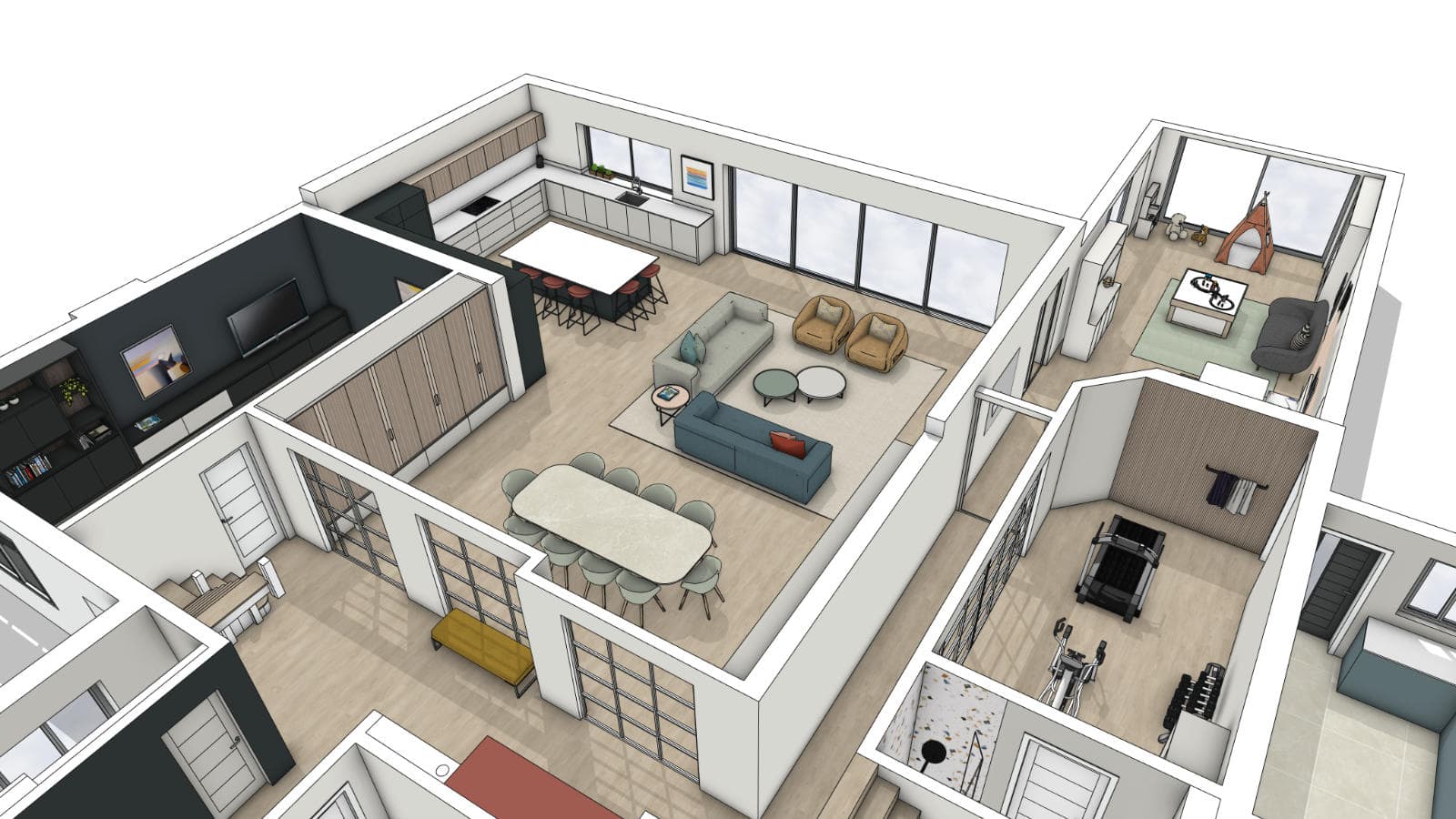 A 3D render of a whole-home layout, rooms furnished and viewed from above.