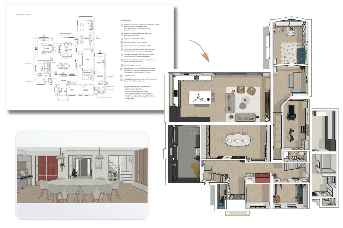 3D design used to explore an open-plan layout and kitchen options before anything was fixed on site